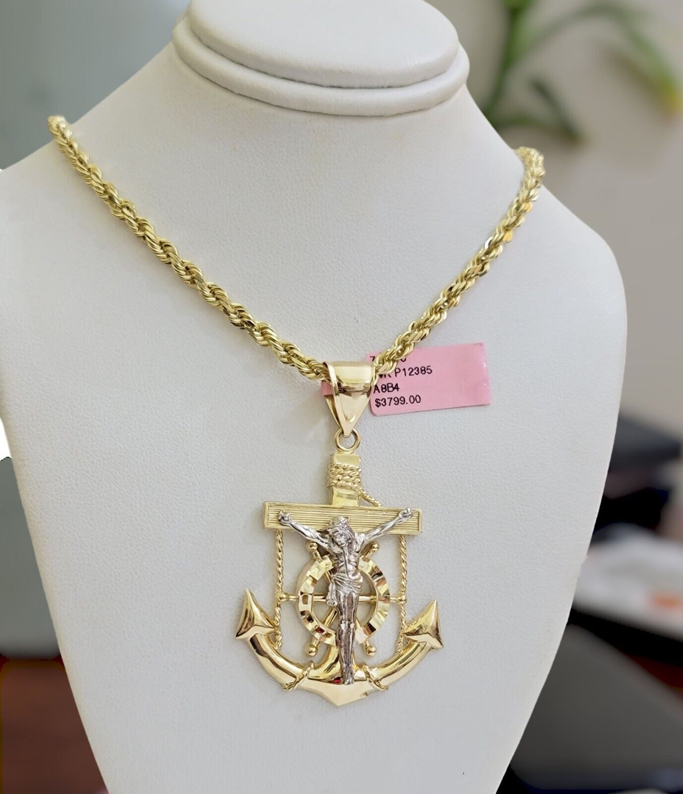REAL 14k Gold Rope Necklace Anchor Charm Pendant SET SOLID 4mm 26 Inch Necklace - GoldenlinQ